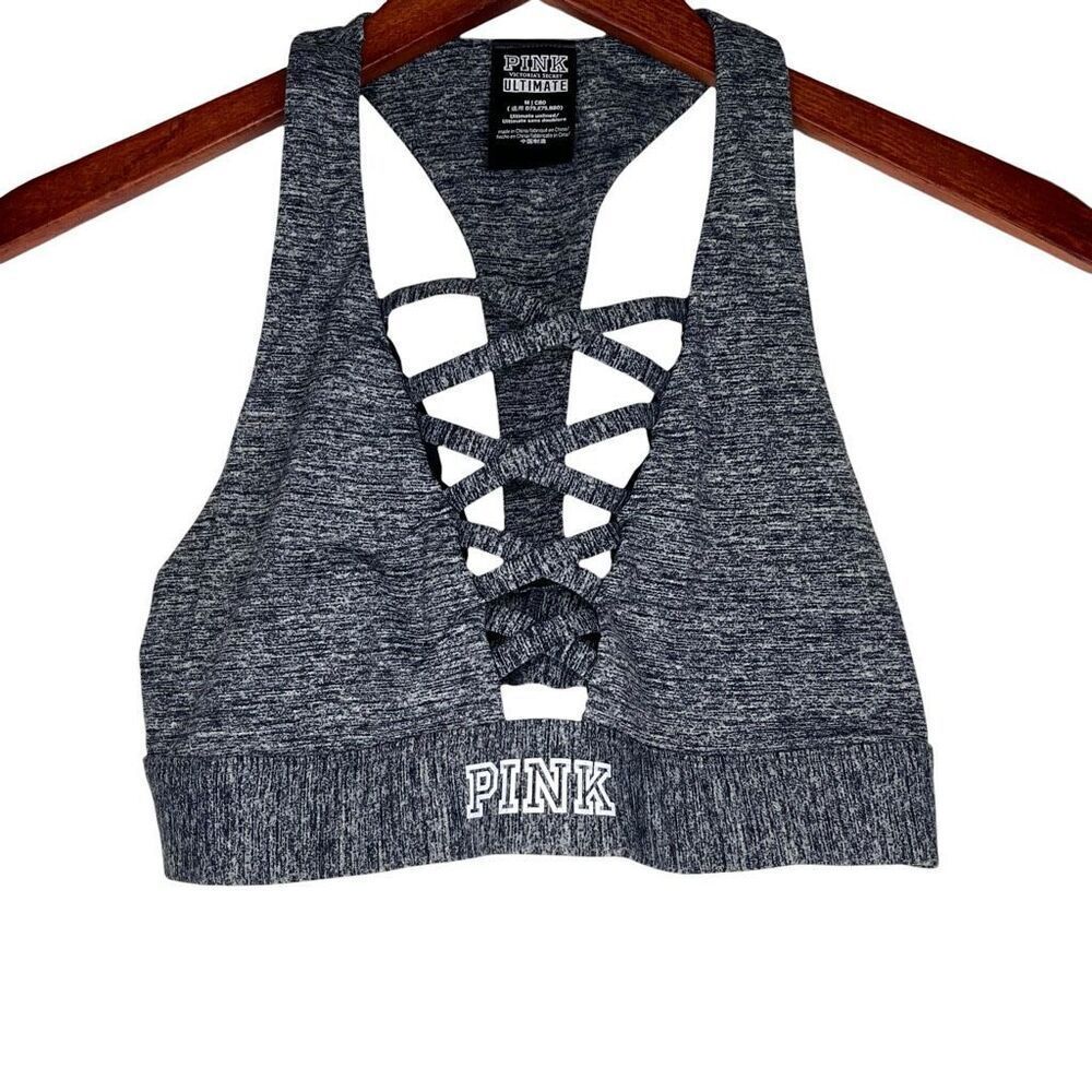PINK Victoria's Secret Womens Ultimate Lace-Up Plunge Sports Bra Gray Sz Medium